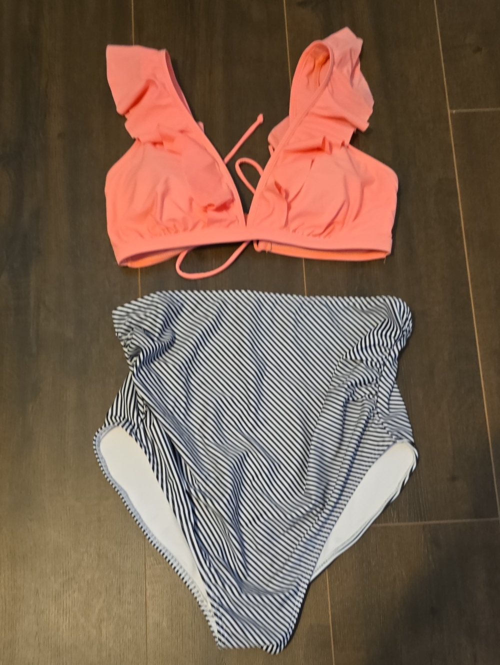 Coral And Navy Blue Strip Maternity Bathing Suit
